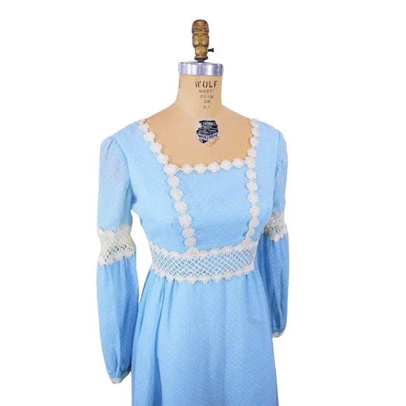 Vintage 70s Blue Maxi Dress Dotted Swiss Long Sleeves Bohemian RomanticW 26